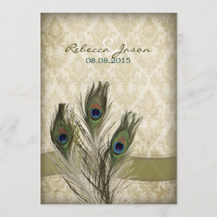 elegant vintage cream damask peacock wedding invitation