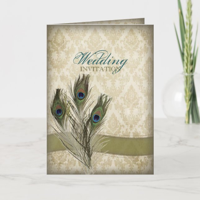 elegant vintage cream damask peacock wedding invitation (Front)