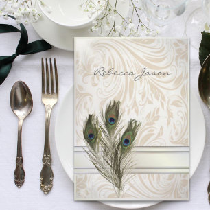 elegant vintage cream damask peacock wedding invitation