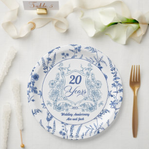 Elegant Vintage Crest 20th Wedding Anniversary Paper Plate
