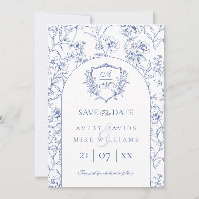 Elegant Vintage Crest Dusty Blue Floral Wedding Save The Date (Front)