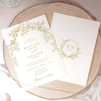 Elegant Vintage Crest Gold Botanical Wedding Invitation
