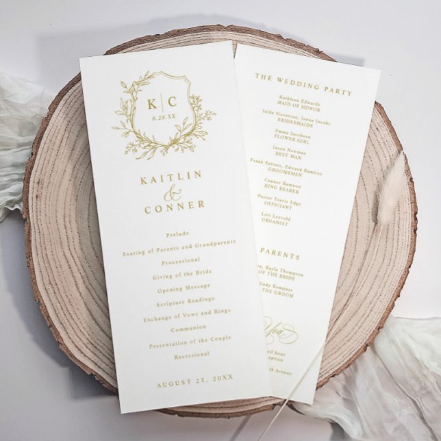 Elegant Vintage Crest Gold Classic Wedding Programme (Elegant wedding programs with vintage crest / wedding logo and wedding party info on back - in gold)