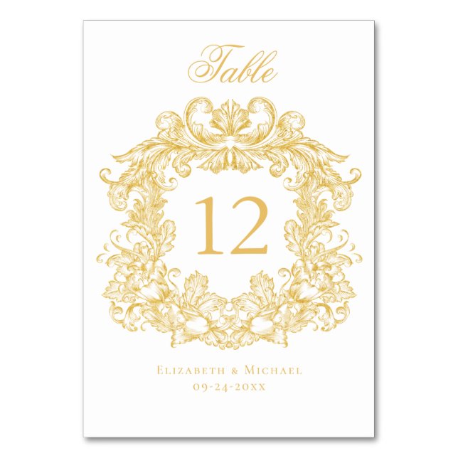 Elegant Vintage Crest Gold Wedding Table Number (Front)
