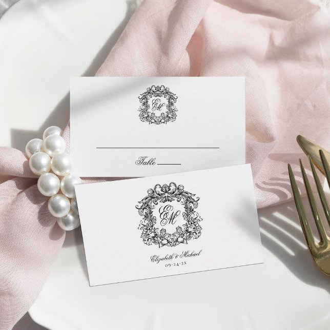 Elegant Vintage Crest Monogram Wedding Flat Place Card (Creator Uploaded)