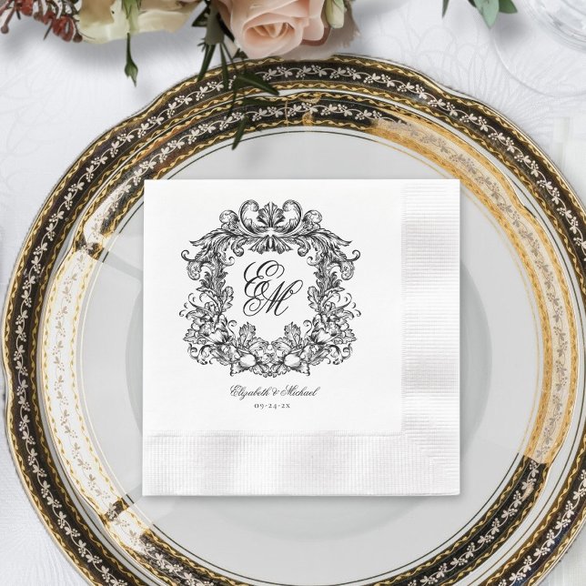 Elegant Vintage Crest Monogram Wedding Napkin (Creator Uploaded)