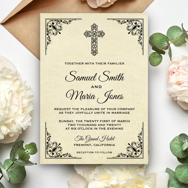 Elegant Vintage Cross Christian Wedding Invitation (Creator Uploaded)