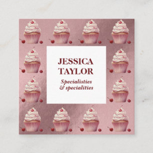 Elegant vintage Cupcake home bakery pink rose gold Square Business Card