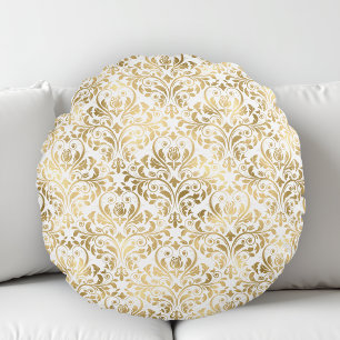 Elegant Vintage Damask Gold White Round Cushion