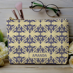 Elegant vintage damask navy Blue yellow monogram Accessory Pouch