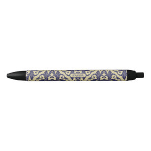 Elegant vintage damask navy Blue yellow monogram Black Ink Pen