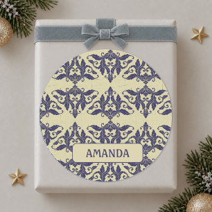Elegant vintage damask navy Blue yellow monogram Classic Round Sticker