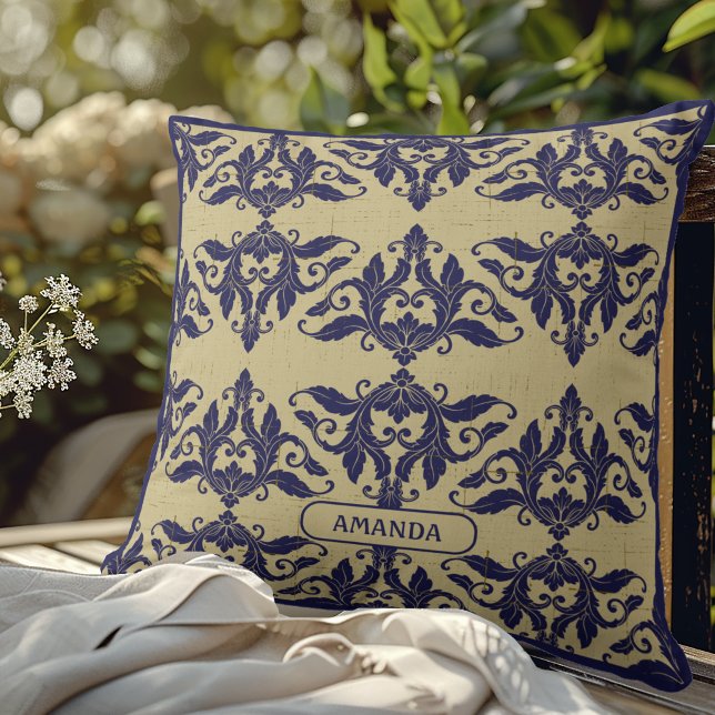 Elegant vintage damask navy Blue yellow monogram Cushion (Creator Uploaded)