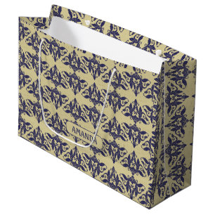 Elegant vintage damask navy Blue yellow monogram M Large Gift Bag