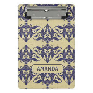 Elegant vintage damask navy Blue yellow monogram Mini Clipboard