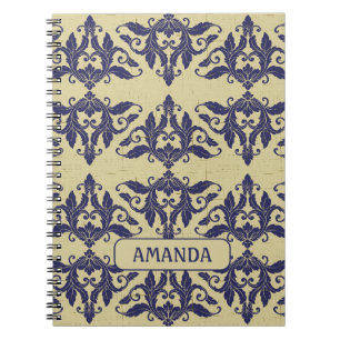 Elegant vintage damask navy Blue yellow monogram Notebook