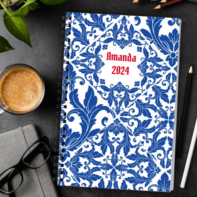 Elegant vintage damask navy Blue yellow monogram Planner (Creator Uploaded)