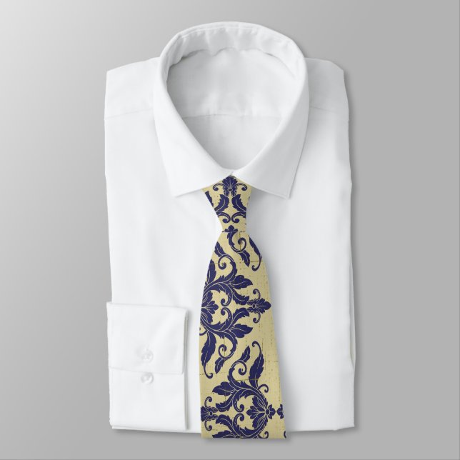 Elegant vintage damask navy Blue yellow monogram Tie (Tied)
