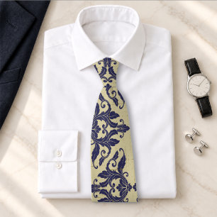 Elegant vintage damask navy Blue yellow monogram Tie