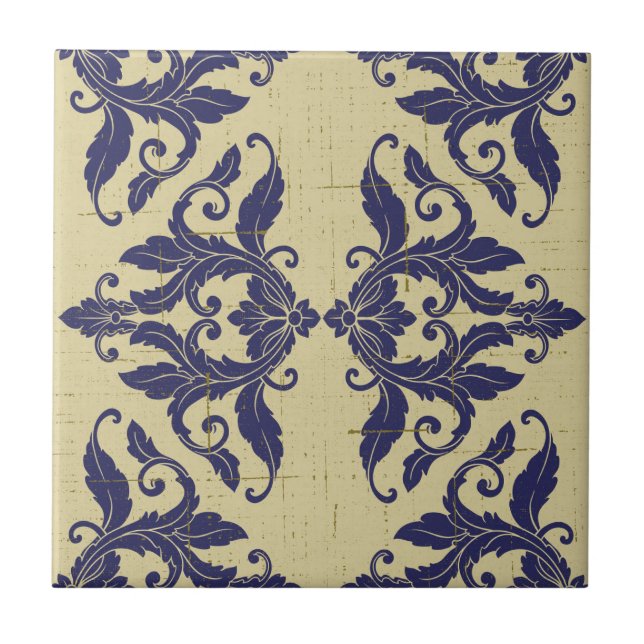 Elegant vintage damask navy Blue yellow monogram Tile (Front)