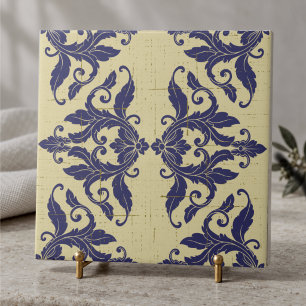Elegant vintage damask navy Blue yellow monogram Tile