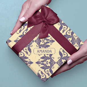 Elegant vintage damask navy Blue yellow monogram Wrapping Paper