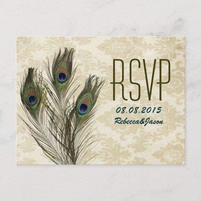 elegant vintage damask peacock wedding RSVP Invitation Postcard (Front)