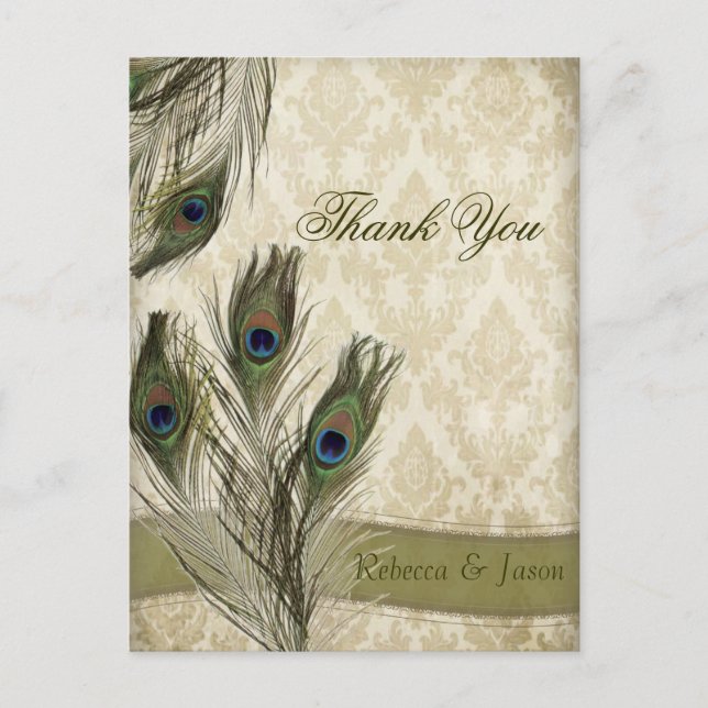 elegant vintage damask peacock wedding thank you postcard (Front)