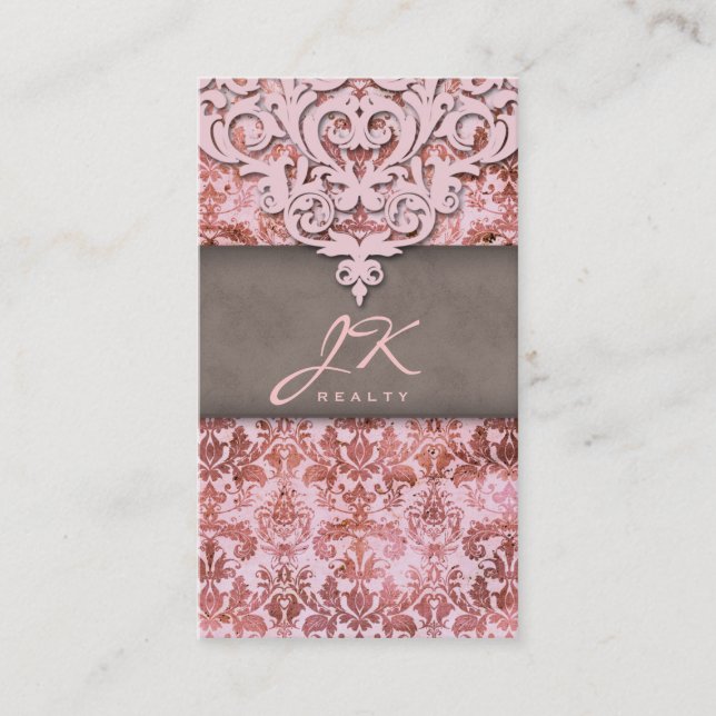 Elegant Vintage Damask Pink Professional Business Card (Front)