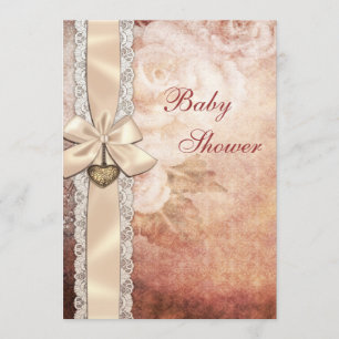 Elegant Vintage Damask Roses & Bow Baby Shower Invitation