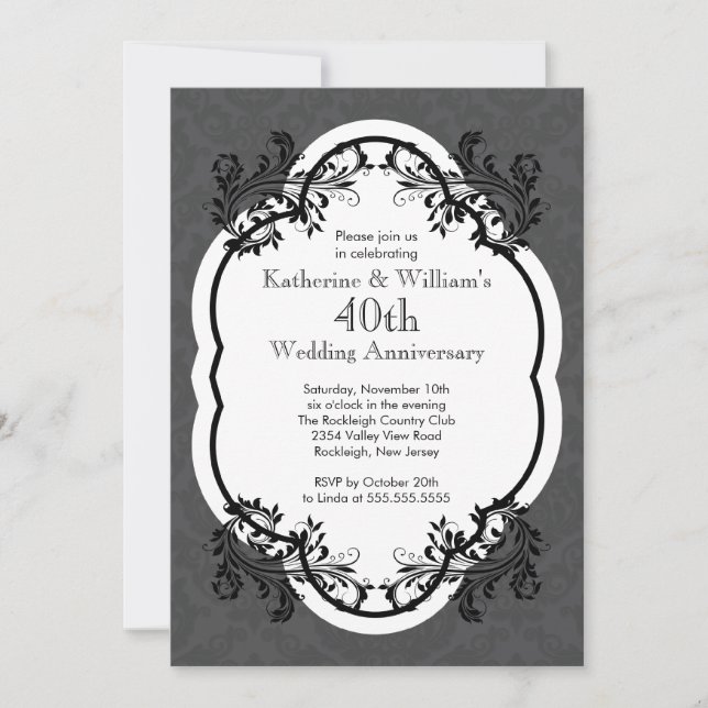 Elegant Vintage Damask Wedding Anniversary Party Invitation (Front)