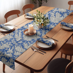 Elegant Vintage Dark Blue Toile de Jouy Scenic Short Table Runner