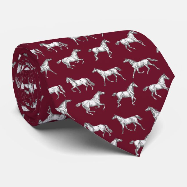 Elegant Vintage Dark Burgundy Galloping Horses Tie (Rolled)