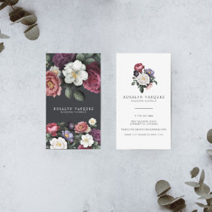 Elegant Vintage Dark Floral on Black   Vertical Business Card