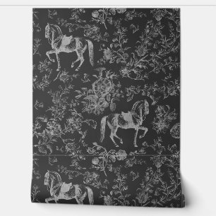 Elegant Vintage Dark Grey Horse Floral Pattern Wallpaper