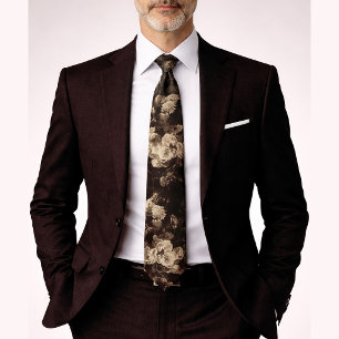 Elegant Vintage Dark Moody Black Beige Floral  Tie
