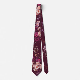 Elegant Vintage Dark Moody Burgundy Floral  Tie