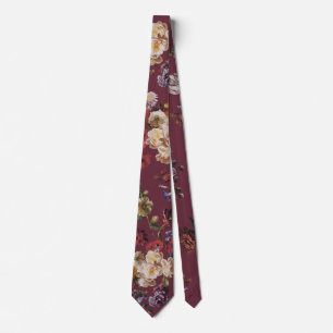 Elegant Vintage Dark Moody Floral on Burgundy Tie