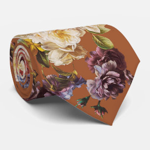Elegant Vintage Dark Moody Floral on Orange Tie