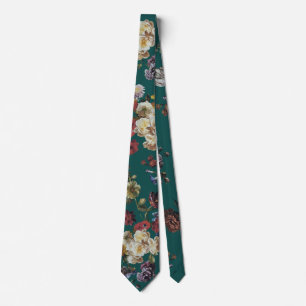 Elegant Vintage Dark Moody Floral on Teal Tie