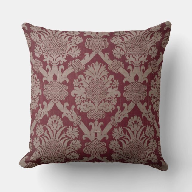 Elegant Vintage Dark Red Beige Damask Weave Cushion (Front)