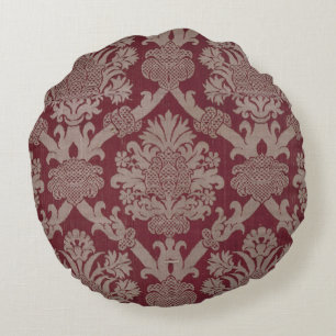 Elegant Vintage Dark Red Beige Damask Weave Round Cushion