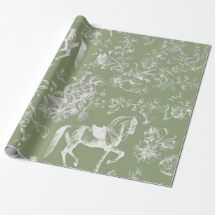 Elegant Vintage Dark Sage Horses Floral Patter Wrapping Paper
