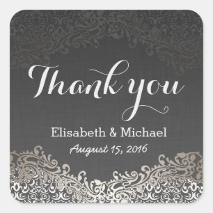 Elegant Vintage Dark Silver Damask - Thank You Square Sticker