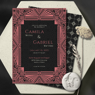 Elegant Vintage Deco Black Salmon Invitation
