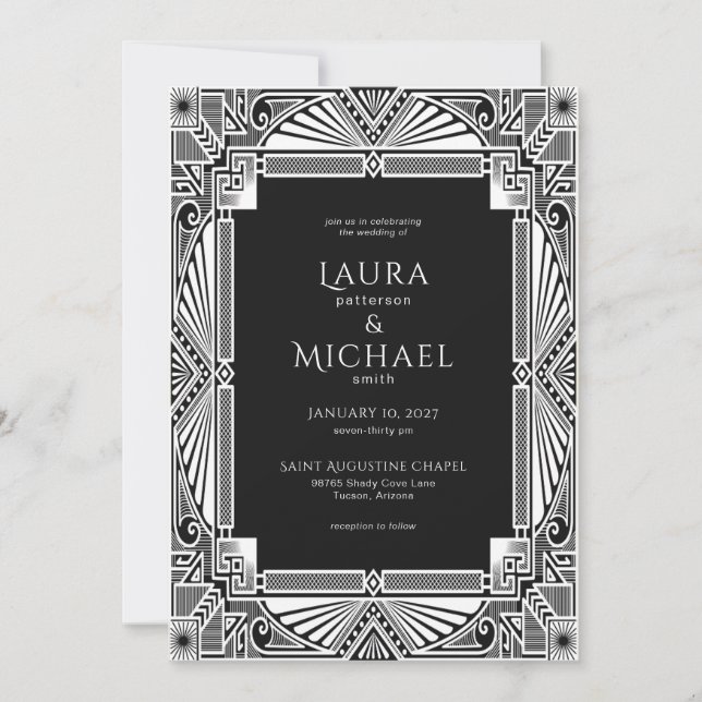 Elegant Vintage Deco Black White Invitation (Front)