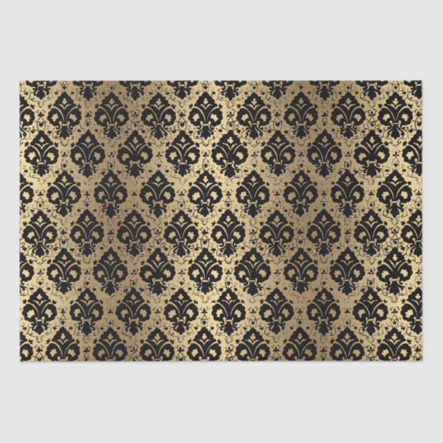 Elegant Vintage Decoupage Black Gold Damask Tissue Paper (Front)