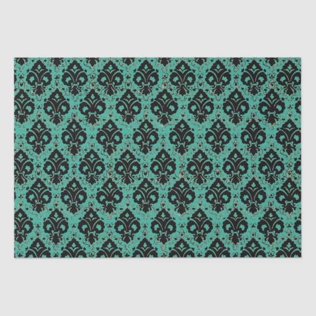 Elegant Vintage Decoupage Black Teal Damask Tissue Paper (Front)