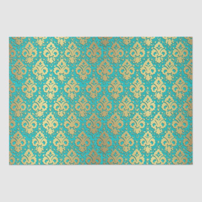 Elegant Vintage Decoupage Gold Teal Damask  Tissue Paper (Front)