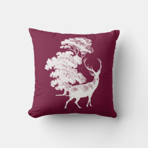 Elegant Vintage Deer in Woodland Burgundy White Cushion